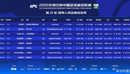 kaiyun-中超第21轮裁判安排：艾堃执法浙江队vs申花，无外籍裁判执法